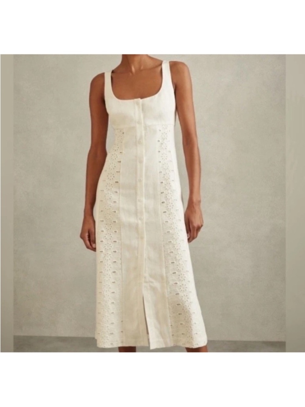 REISS Clarise Embroidered Eyelet Linen Midi Dress Size 6 Ivory White Graduation - Picture 2 of 16